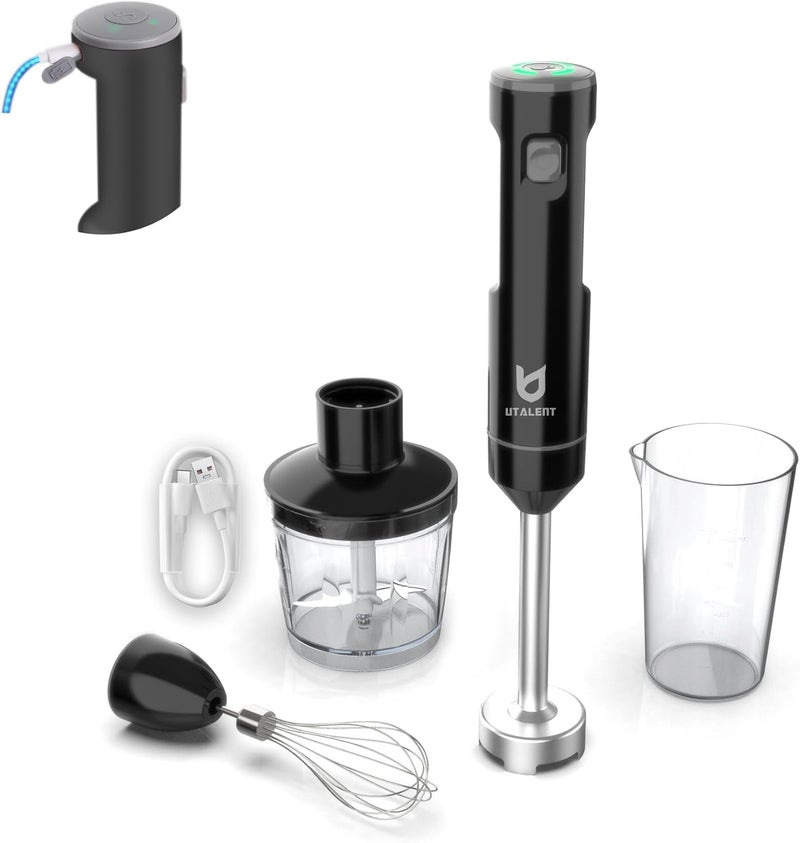 UTALENT Cordless Hand Blender, Variable Speed Immersion Blender Rechargeable, with 500ml Chopper, 600ml container, Egg Whisk, for Smoothies, Baby Food and Soups – Black - Image 1